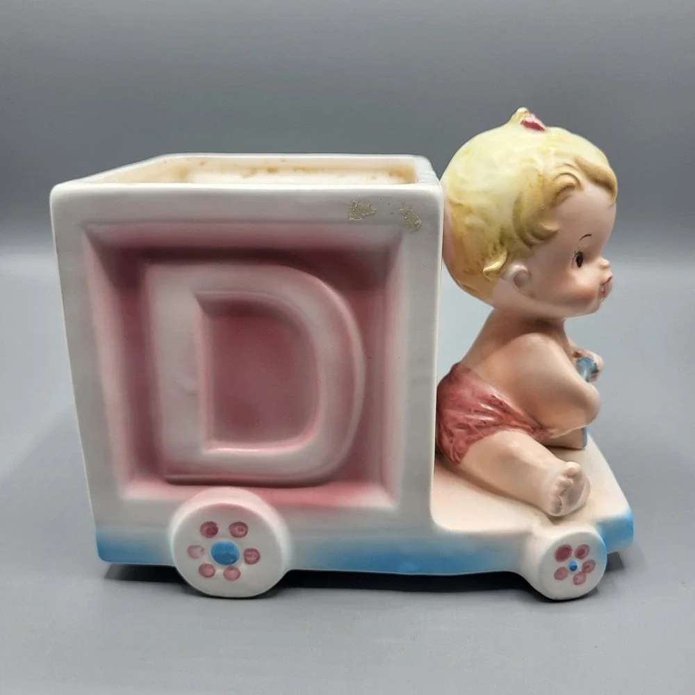 Enesco Baby Girl Alphabet Block Cart Planter Vintage Japan E-6127 Pink Blue READ